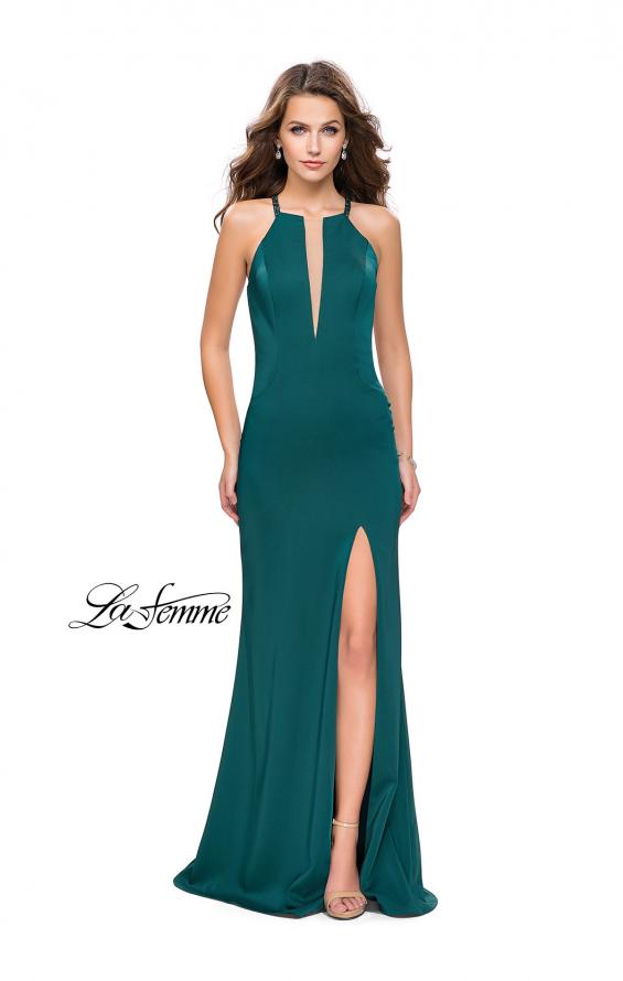 Picture of: Long Jersey Prom Dress with Beaded Strappy Open Back in Forest Green, Style: 25669, Detail Picture 2