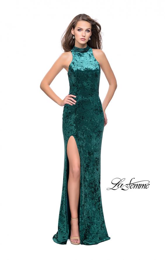 Picture of: Long Crushed Velvet Prom Dress with Beaded Choker in Forest Green, Style: 25783, Detail Picture 2