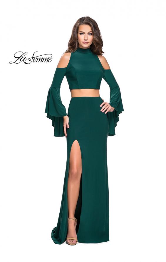 Picture of: Long Two Piece Dress with Cold Shoulders and Bell Sleeves in Forest Green, Style: 25353, Detail Picture 5