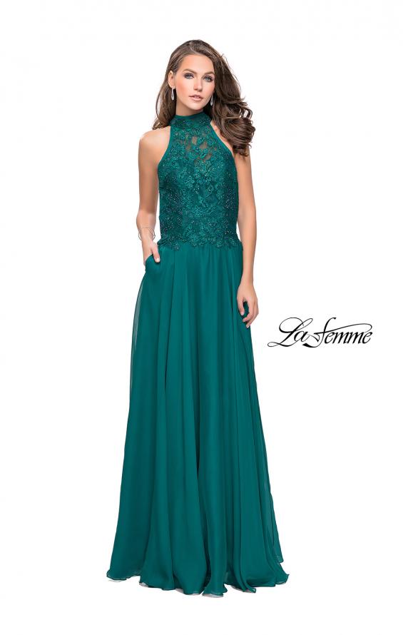 Picture of: Long A line Chiffon Dress with High Neck Lace Up Top in Forest Green, Style: 25355, Detail Picture 5