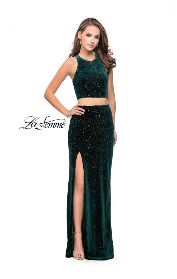 Picture of: Two Piece Velvet Prom Dress with Open Back and Leg Slit in Forest Green, Style: 25464, Detail Picture 5
