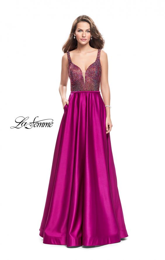 Picture of: Long Satin Dress with A Line Skirt and Beaded Top in Fuchsia, Style: 25348, Main Picture
