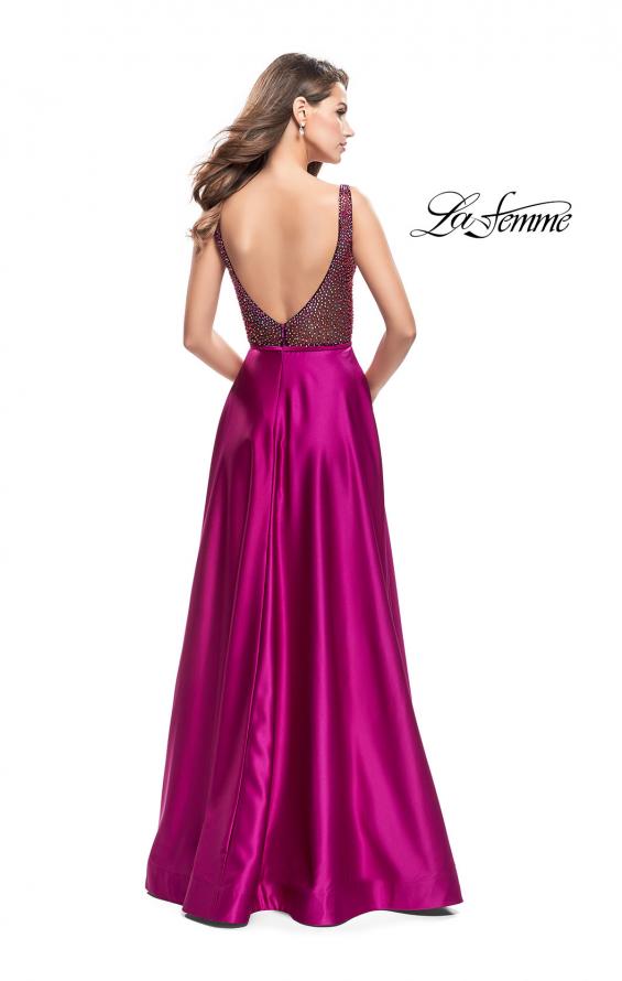 Picture of: Long Satin Dress with A Line Skirt and Beaded Top in Fuchsia, Style: 25348, Back Picture