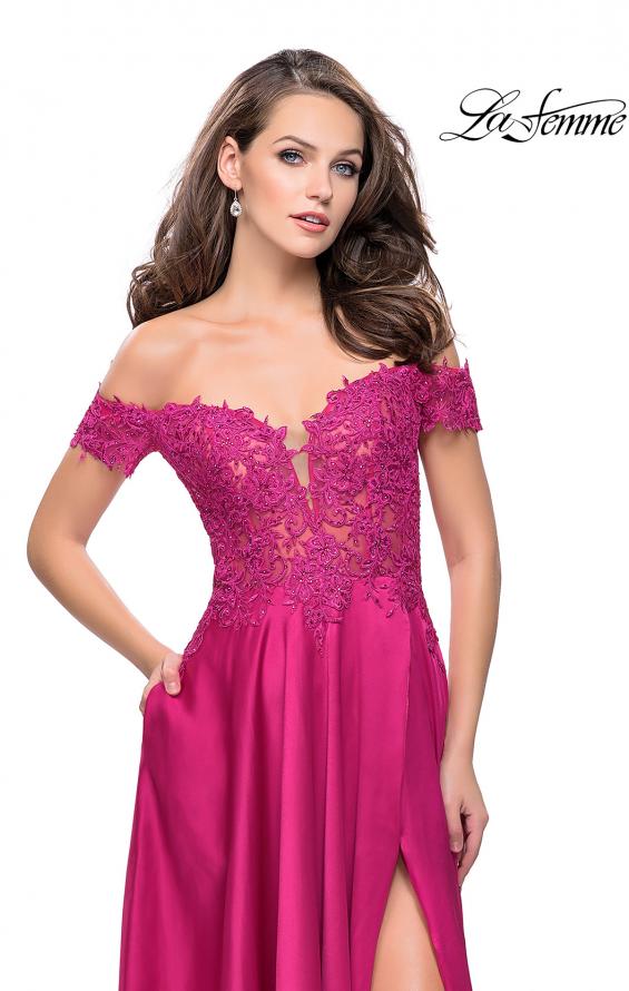 Picture of: A-line Off the Shoulder Satin Dress with Beaded Lace Bodice in Fuschia, Style: 25694, Detail Picture 1