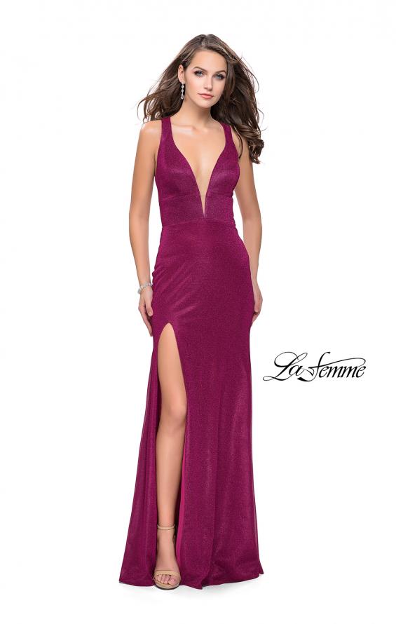 Picture of: Long Jersey Prom Dress with Racer Back and V Neckline in Fuchsia, Style: 25882, Detail Picture 1