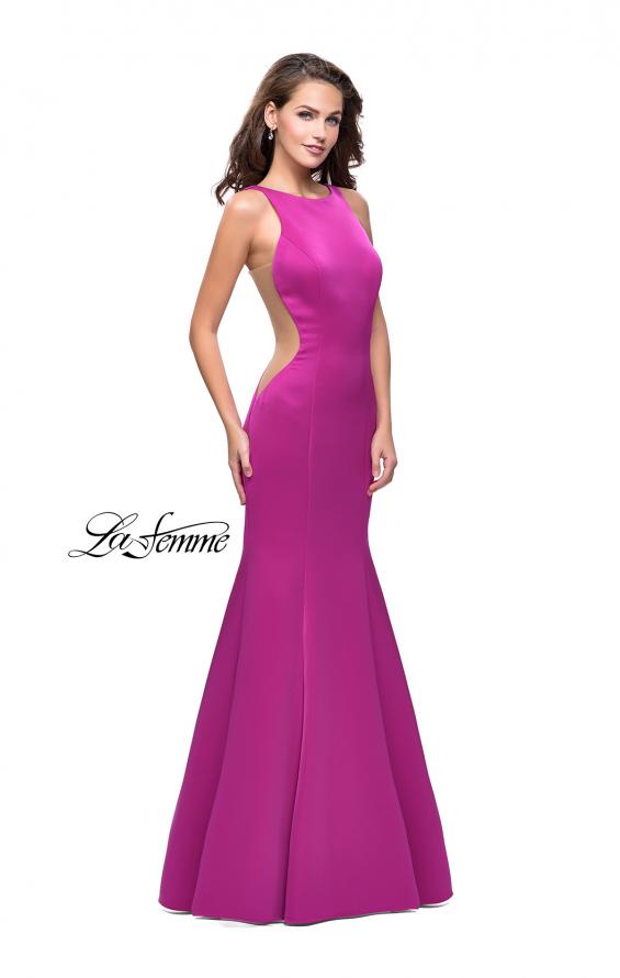 Picture of: Satin Mermaid Prom Gown with Mesh and Scoop Back in Fuchsia, Style: 26076, Detail Picture 1