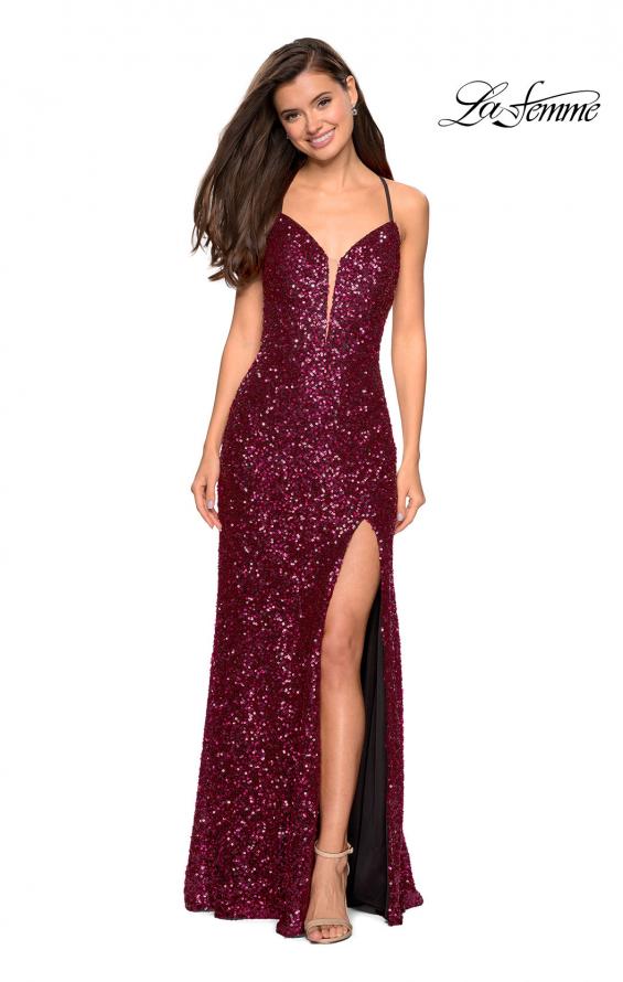 Picture of: Long Sequin Gown with Plunging Sweetheart Neckline in Fuchsia, Style: 26937, Detail Picture 1