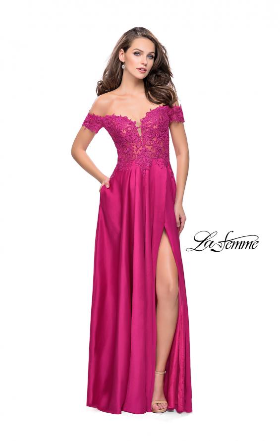 Picture of: A-line Off the Shoulder Satin Dress with Beaded Lace Bodice in Fuchsia, Style: 25694, Detail Picture 3