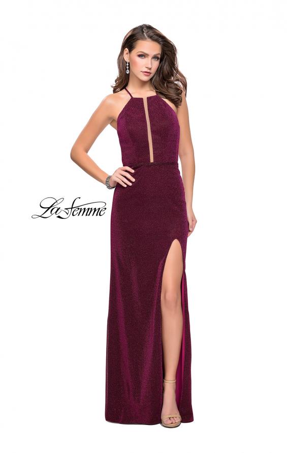 Picture of: Sparkling Jersey Prom Dress with High Neck and Slit in Fuchsia, Style: 25769, Detail Picture 3
