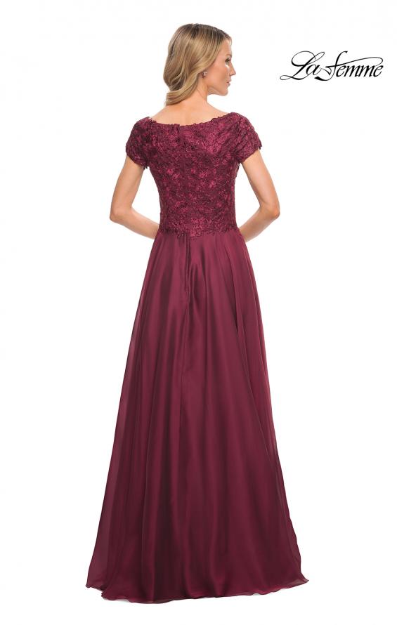 Picture of: Short Sleeve Chiffon Dress with Lace Bodice in Garnet, Style: 26550, Back Picture