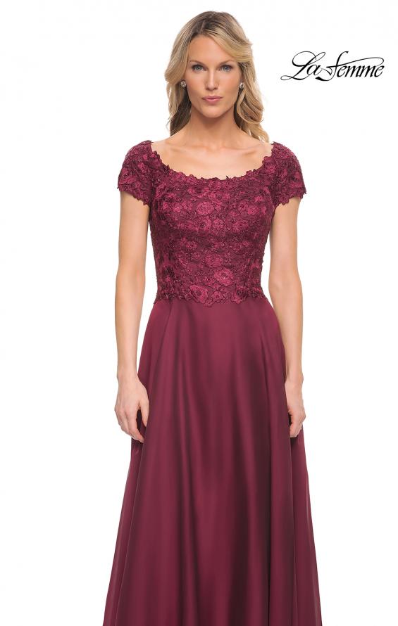 Picture of: Short Sleeve Chiffon Dress with Lace Bodice in Garnet, Style: 26550, Detail Picture 1
