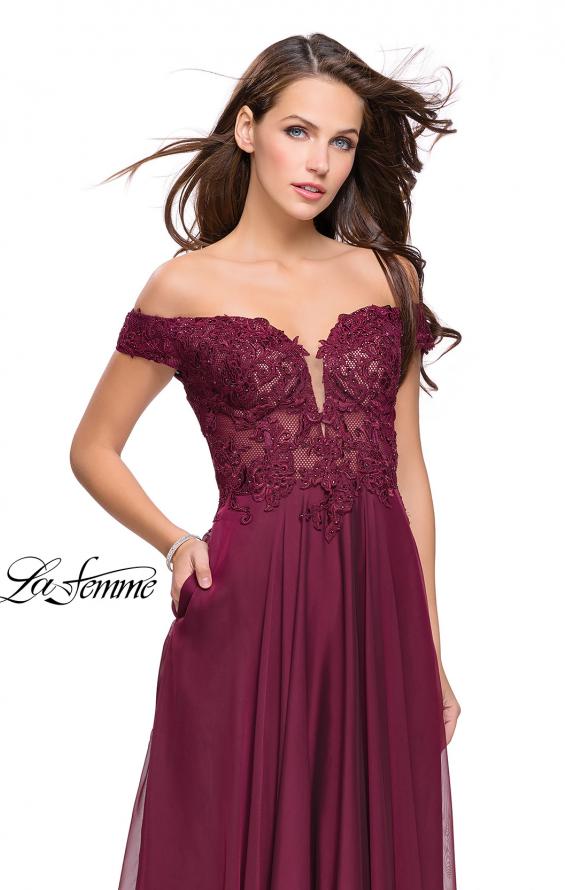 Picture of: Chiffon Prom Dress with Off the Shoulder Lace Top in Garnet, Style: 25129, Main Picture