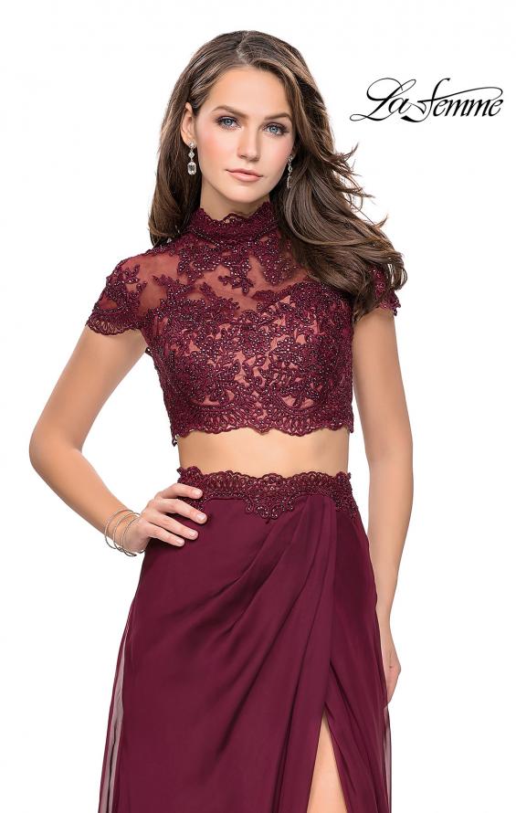 Picture of: Chiffon Two Piece Gown with Lace Top and Belt Detail in Garnet, Style: 25384, Main Picture