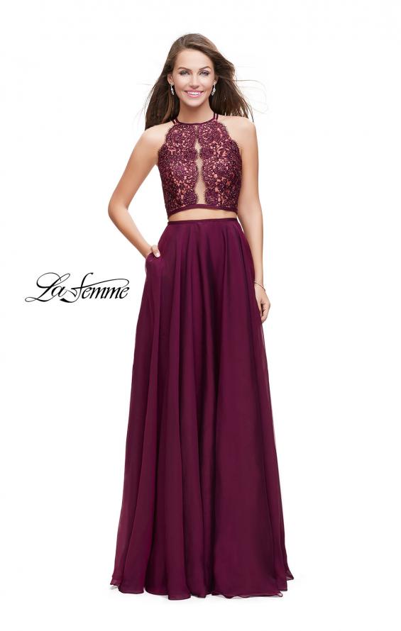 Picture of: Two Piece A-line Dress with Halter Neck and Beading in Garnet, Style: 25843, Detail Picture 1