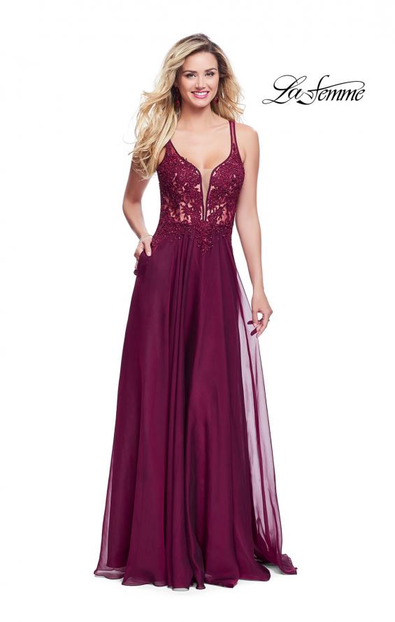 Picture of: Chiffon A-line Dress with Beaded Lace Bodice in Garnet, Style: 26082, Detail Picture 1