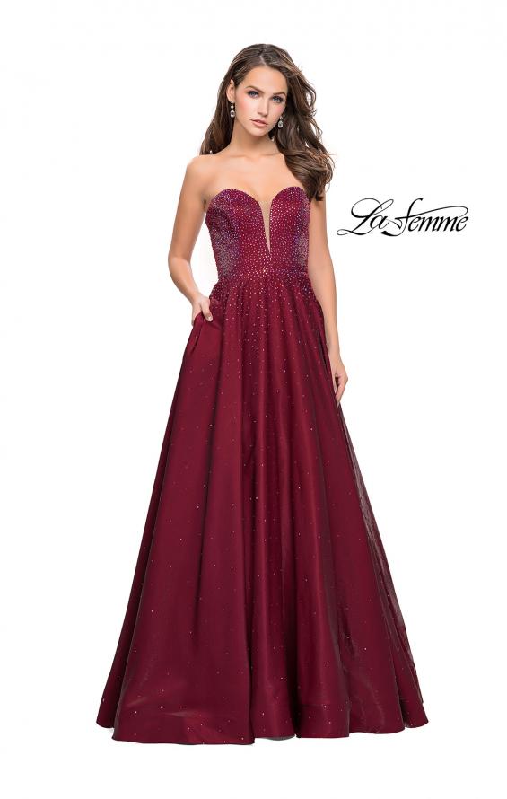 Picture of: Long Strapless Mikado Ball Gown with Beading in Garnet, Style: 26104, Detail Picture 1