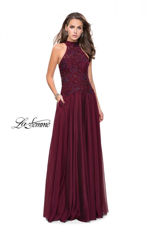 Picture of: Long A line Chiffon Dress with High Neck Lace Up Top in Garnet, Style: 25355, Detail Picture 3