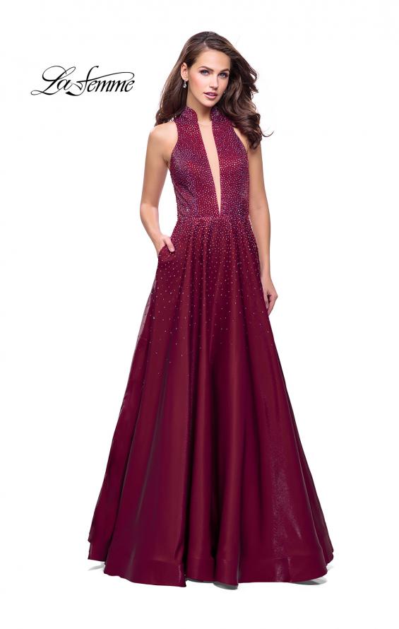 Picture of: Satin Ball Gown with Tonal Beading and Back Cutout in Garnet, Style: 25986, Detail Picture 3