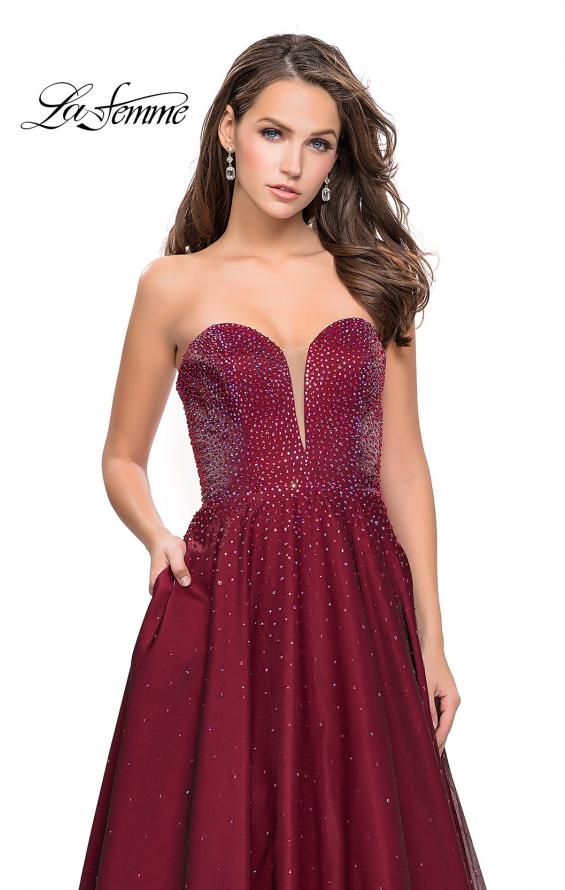 Picture of: Long Strapless Mikado Ball Gown with Beading in Garnet, Style: 26104, Detail Picture 4