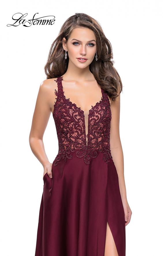 Picture of: Beaded and Embroidered Lace Prom Dress with Slit in Garnet, Style: 26124, Detail Picture 2