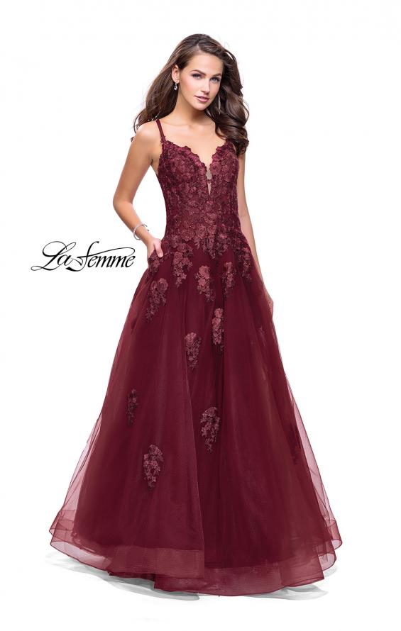 Picture of: Long Floral Lace Ball Gown with Tulle Skirt in Garnet, Style: 26236, Detail Picture 5