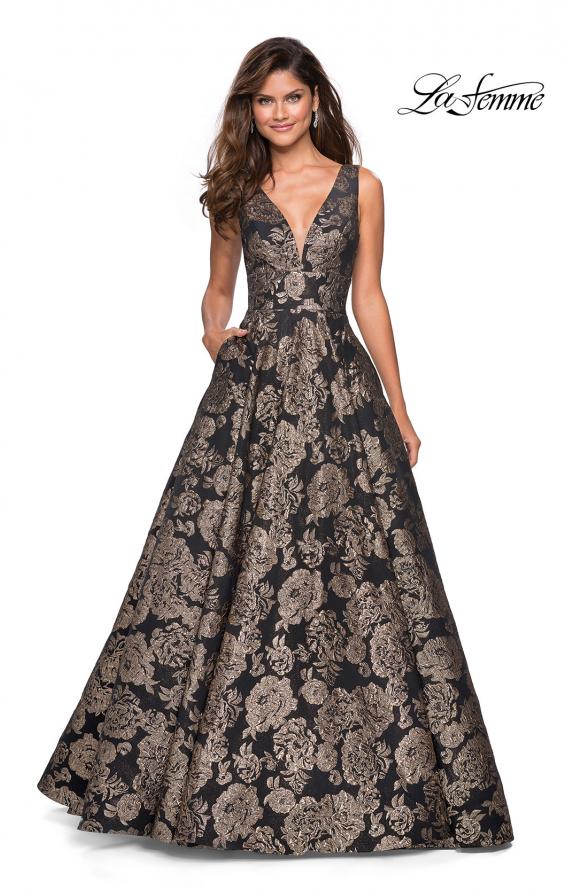 Picture of: Metallic Floral Prom Gown with V Neckline and Pockets in Gold Black, Style: 27482, Back Picture
