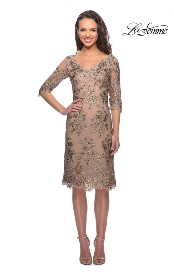 Picture of: Short Lace Dress with V Neck and 3/4 Sleeves in Gold Nude, Style: 26871, Main Picture