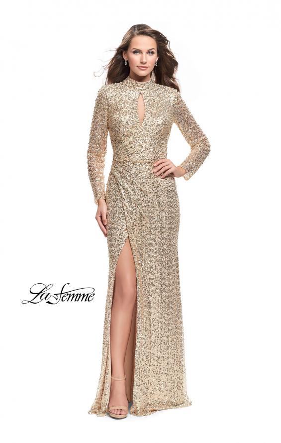 Picture of: Long Sleeve Sequin High Neck Prom Dress with Slit in Gold, Style: 26263, Main Picture