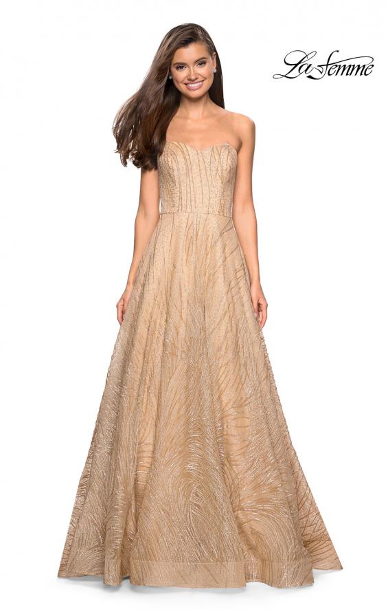 Picture of: Textured Lace Strapless Prom Dress in Gold, Style: 27776, Main Picture