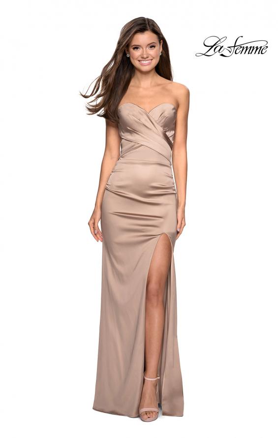 Picture of: Body Forming Strapless Satin Dress with Side Slit in Gold, Style: 27780, Detail Picture 1