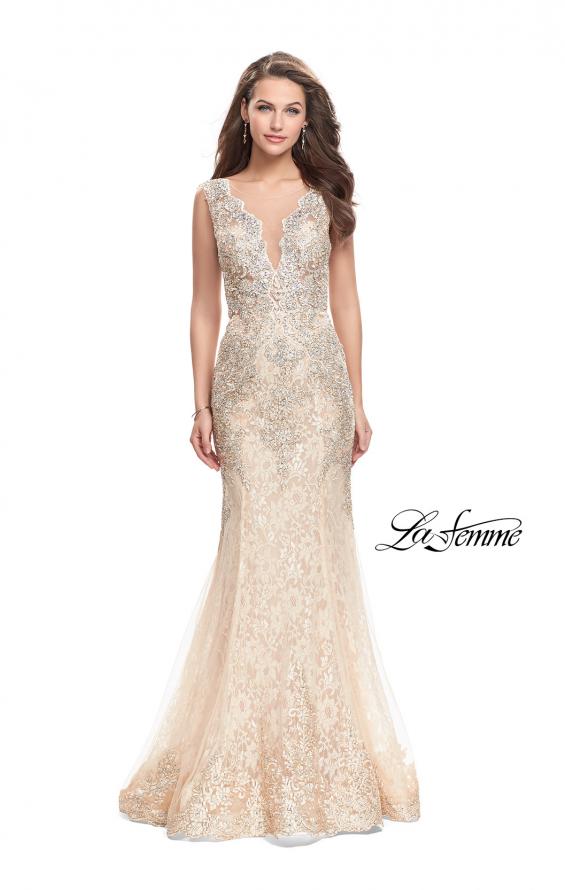 Picture of: Form Fitting Mermaid Lace Dress with Metallic Beading in Gold Nude, Style: 26125, Main Picture
