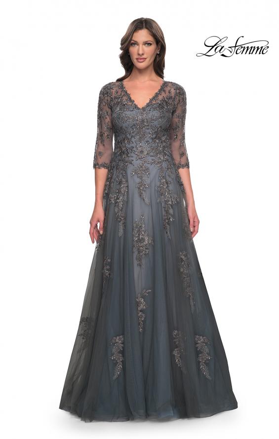 Picture of: Beautiful A-Line Tulle and Lace Dress with Sheer Sleeves in Gray, Style: 30201, Main Picture
