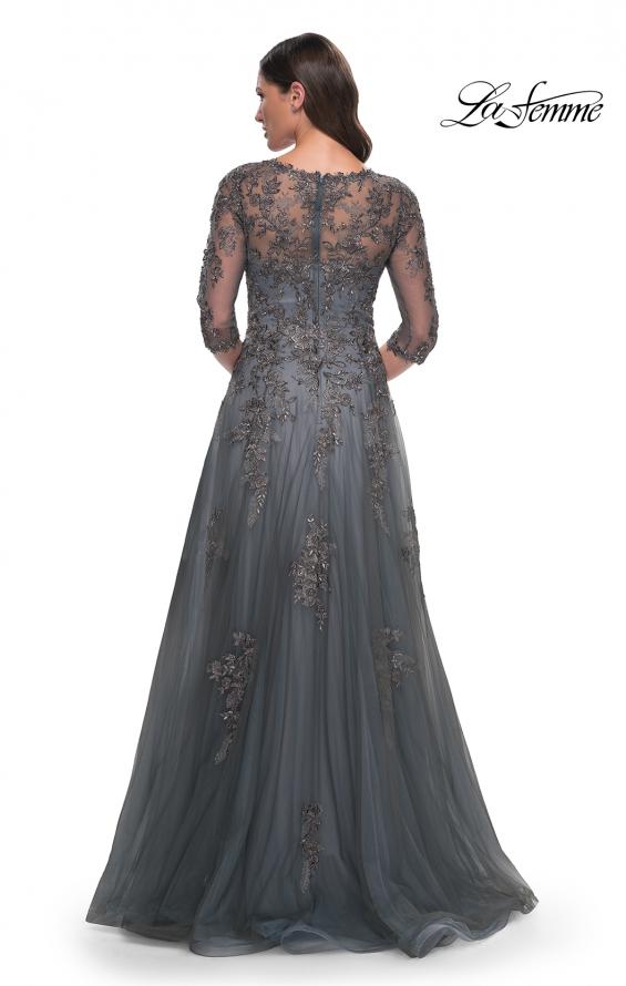 Picture of: Beautiful A-Line Tulle and Lace Dress with Sheer Sleeves in Gray, Style: 30201, Back Picture