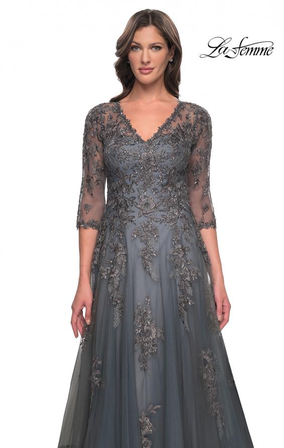 Picture of: Beautiful A-Line Tulle and Lace Dress with Sheer Sleeves in Gray, Style: 30201, Detail Picture 1