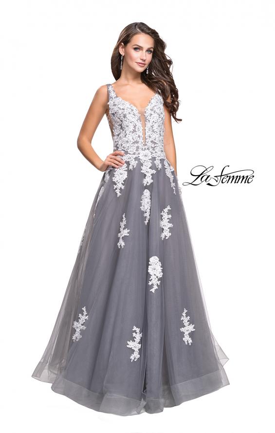 Picture of: Long Tulle Ball Gown with Lace Applique and Side Cut Outs in Gray White, Style: 25624, Main Picture