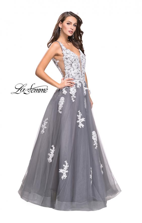 Picture of: Long Tulle Ball Gown with Lace Applique and Side Cut Outs in Gray White, Style: 25624, Detail Picture 1