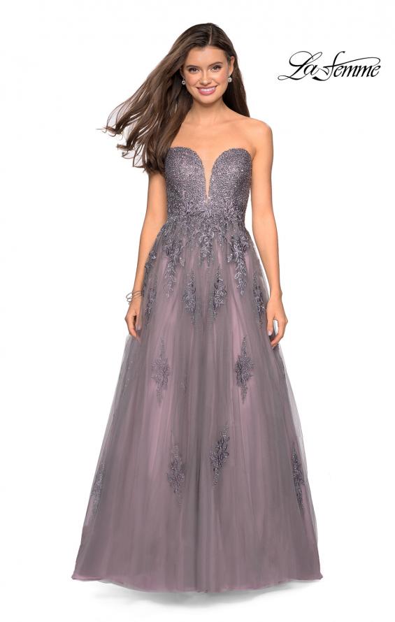 Picture of: Tone Tone Tulle Prom Gown with Floral Appliques in Grey/Pink, Style: 27767, Main Picture