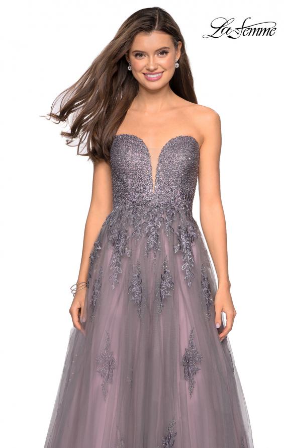 Picture of: Tone Tone Tulle Prom Gown with Floral Appliques in Grey/Pink, Style: 27767, Detail Picture 1