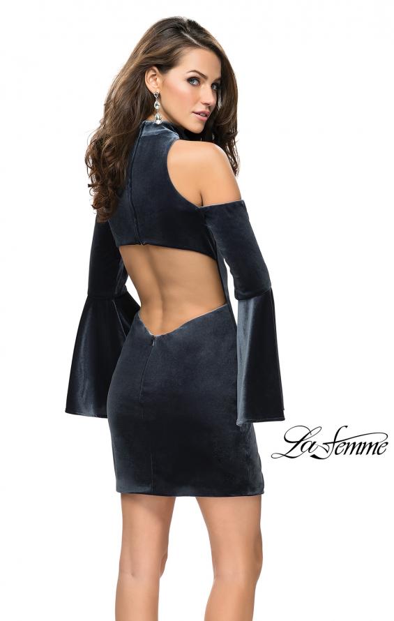 Picture of: Short Velvet Bell Sleeve Dress with Cold Shoulders in Gunmetal, Style: 26628, Back Picture