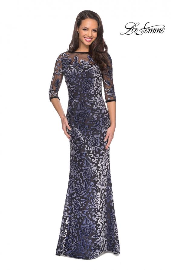 Picture of: Velvet Dress with 3/4 Sleeves and Sheer Neckline in Gunmetal, Style: 25521, Main Picture