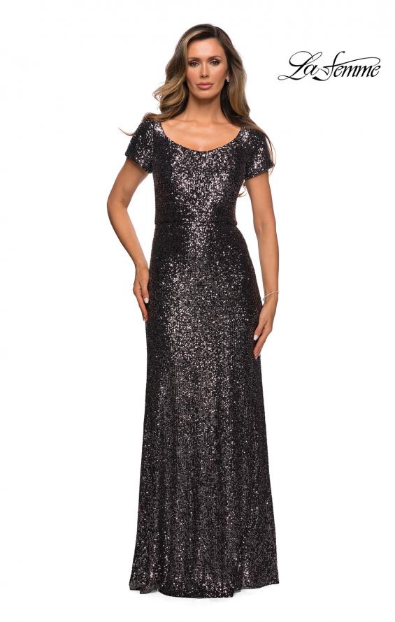 Picture of: Long Sequin Evening Dress with Cap Sleeves in Gunmetal, Style: 27916, Main Picture
