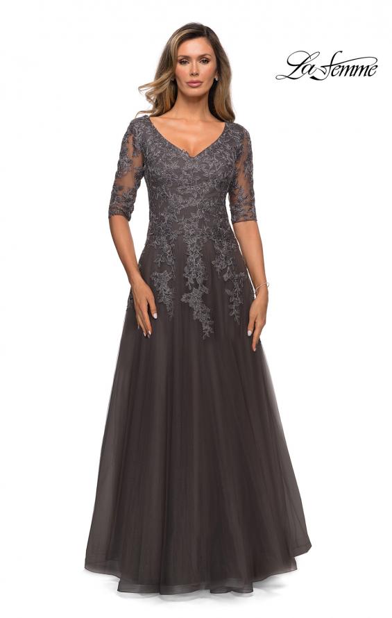 Picture of: Long A-line Dress with Lace Bodice and V-neck in Gunmetal, Style: 27993, Main Picture