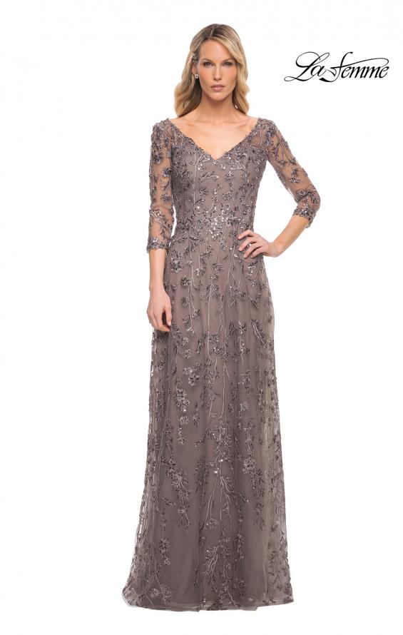 Picture of: Beaded Lace Gown with V Neckline and Sheer Sleeves in Silver, Style: 29994, Main Picture