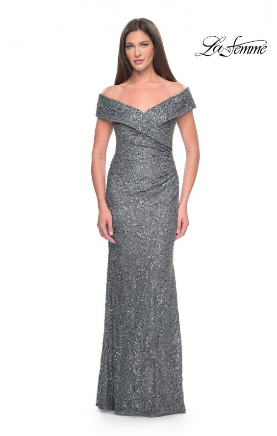 Picture of: Off the Shoulder Beaded Lace Evening Gown in Gunmetal, Style: 31679, Main Picture