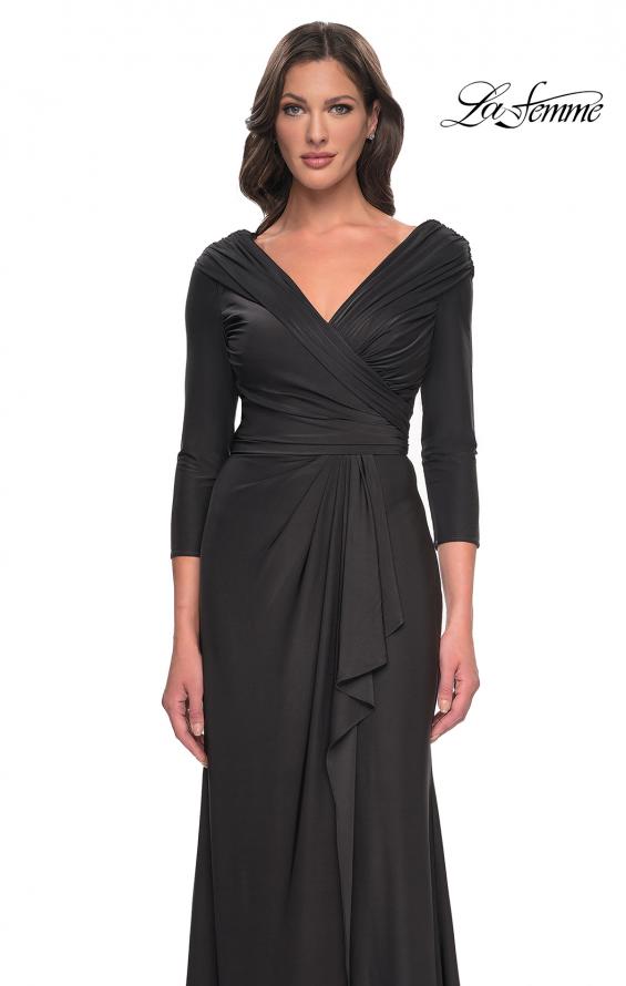 Picture of: Ruched Long Dress with Ruffle Skirt Detail and Sleeves in Gunmetal, Style: 30845, Detail Picture 8