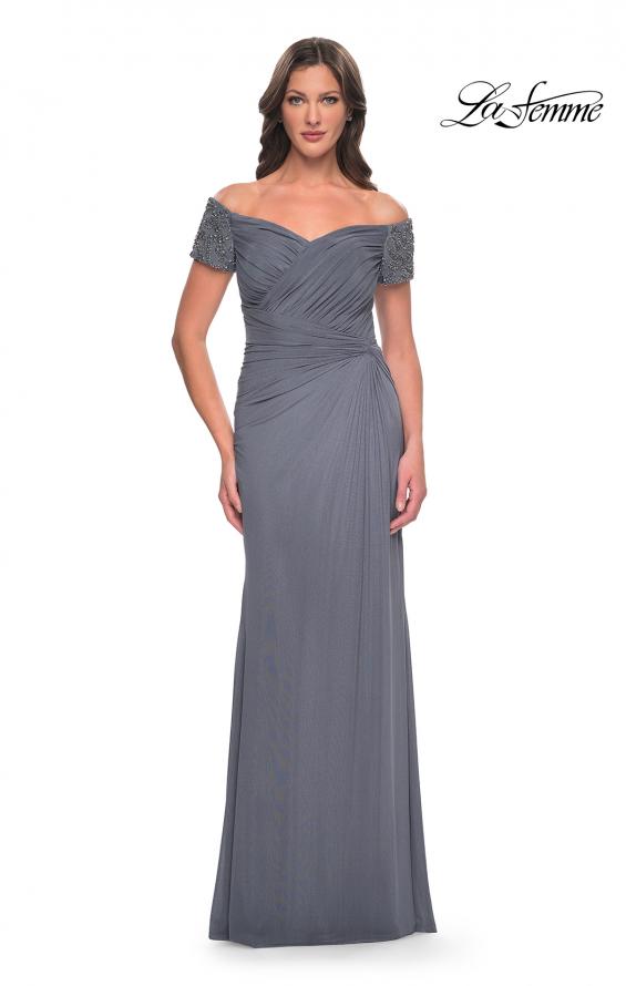Picture of: Net Jersey Long Gown with Exquisite Beaded Design in Gunmetal, Style: 30057, Detail Picture 9