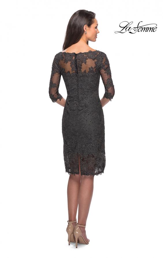 Picture of: 3/4 Sleeve Lace Tea Length Dress with Soft V-Neck in Gunmetal, Style: 25525, Back Picture