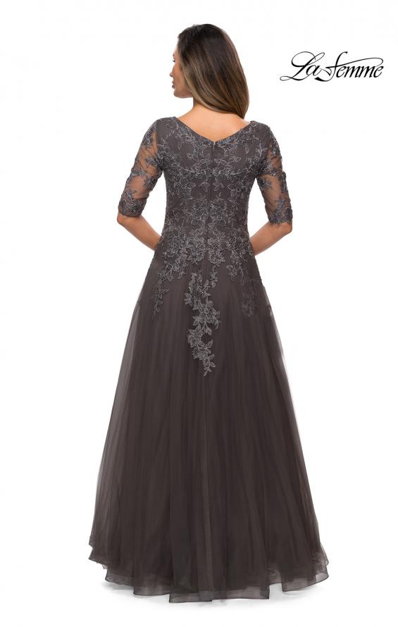 Picture of: Long A-line Dress with Lace Bodice and V-neck in Gunmetal, Style: 27993, Back Picture