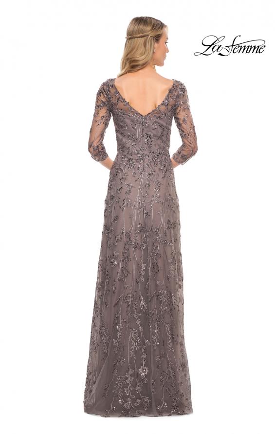 Picture of: Beaded Lace Gown with V Neckline and Sheer Sleeves in Silver, Style: 29994, Back Picture