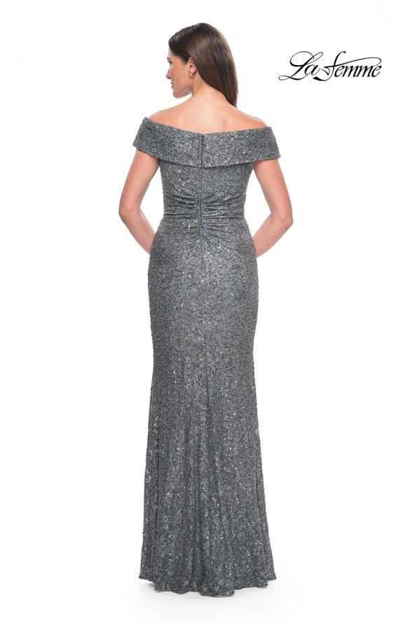 Picture of: Off the Shoulder Beaded Lace Evening Gown in Gunmetal, Style: 31679, Back Picture